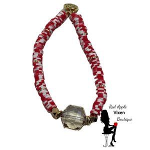 Red & White Christmas Candy Cane Heishi Crystal Glass Encased In 18K Gold Bracel